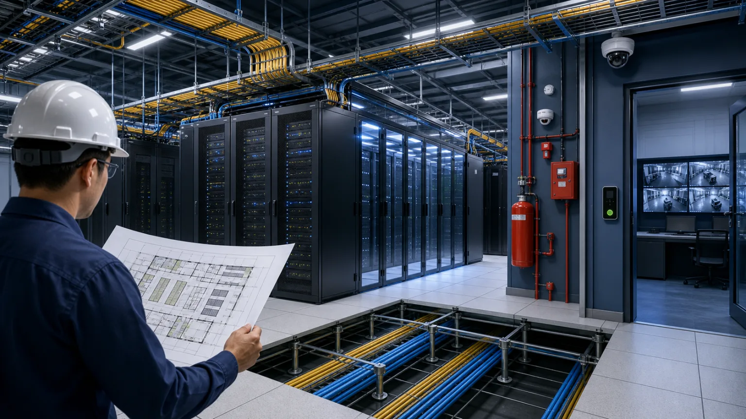 البنية التحتية الفيزيائية لمركز البيانات وتشمل المساحة والرفوف والكابلات والحريق والأمن