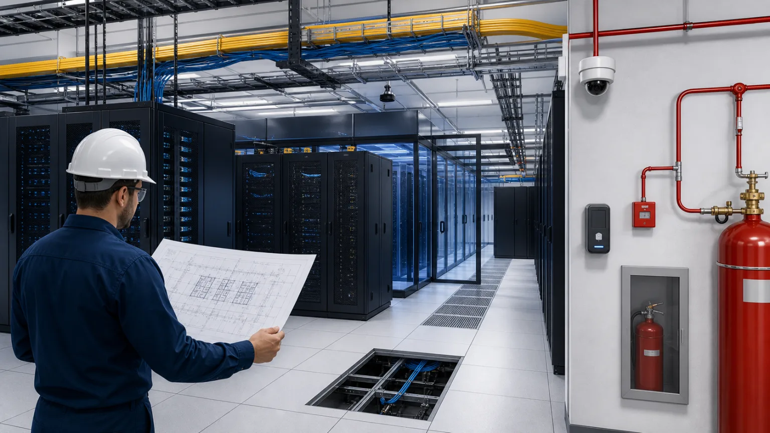Data centre physical infrastructure with racks, cabling, fire protection and security